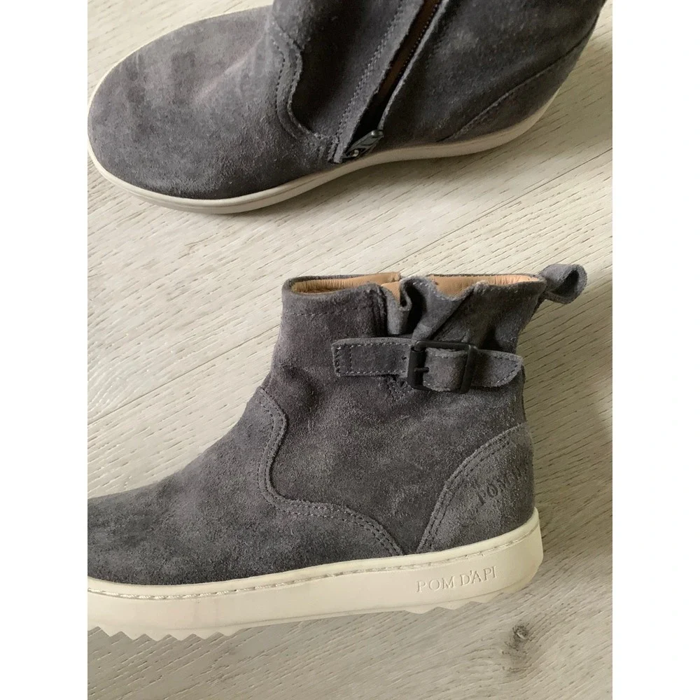 Pom d'Api Kids Grey Suede Leather Lined Ankle Boots Side Zip Buckle‎ Grey 30